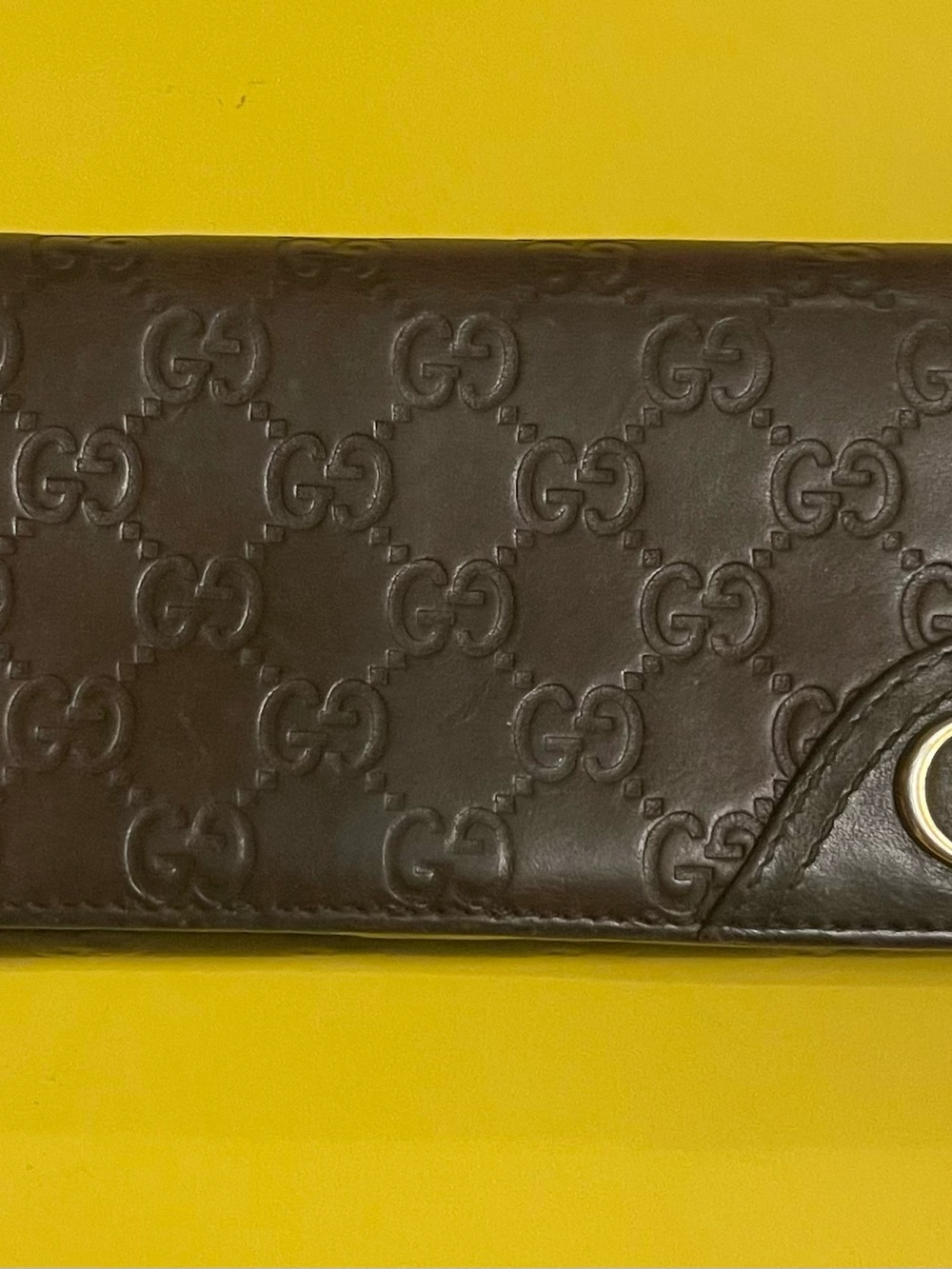 Gucci Brown Embossed GG Leather Continental Wallet with Gold Ring